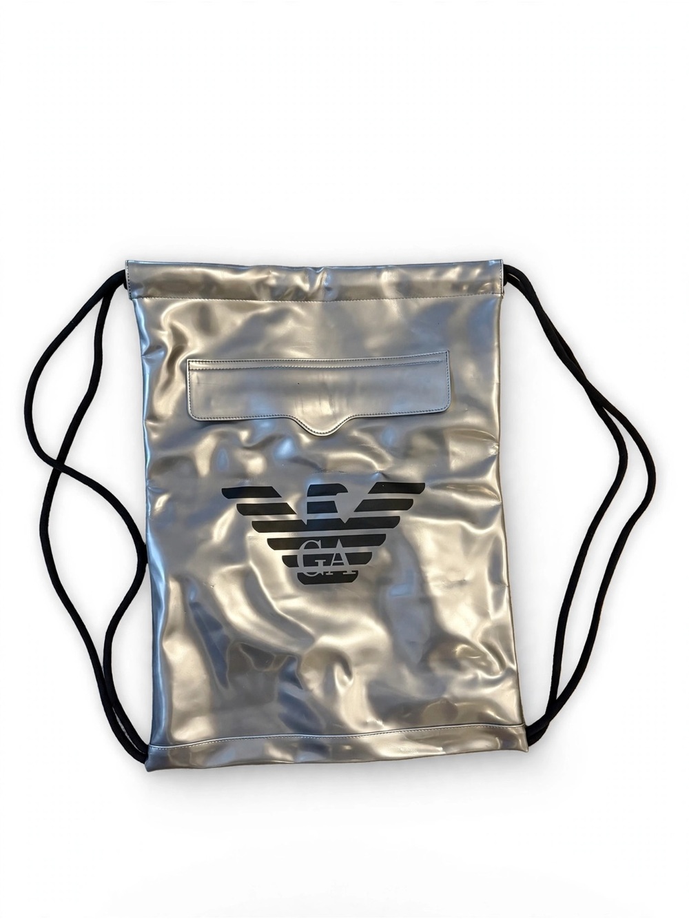 Emporio Armani Metallic Silver Drawstring Backpack with Black Logo